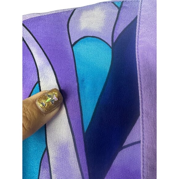 Diane Gilman Stained Glass Printed Silk Blouse With Blue Gem Details Long Sleeve - Picture 7 of 12